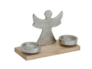 Porte-bougie décoratif en aluminium en forme d'ange avec base en bois, centre de table de Noël, décoration de fête - Product Image 1