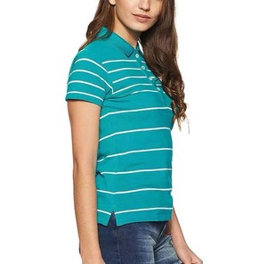 Polo a Rayas para Mujer, Manga Corta, Largo Regular, Tela Oxford de Algodón, Estilo Casual, Transpirable, Blanco con Rayas Verde Azulado - Product Image 6