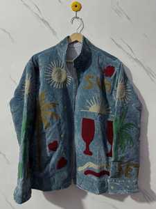 Chaqueta de terciopelo verde con bordado floral, cuello mandarín, manga larga, abrigo informal cálido de invierno, hecho a mano con patrón de corazones - Product Image 3