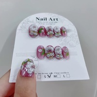 Kuku Palsu Buatan Tangan Grosir 3D Ukiran Bunga Putih Pink Cat Eye Kuku Palsu Dapat Digunakan Kembali Full Cover Seni Kuku Buatan OEM