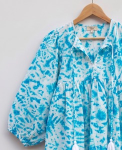 Blusa de Algodón Tie Dye para Mujer, Estampada a Mano, Estilo Boho Casual, Cuello en V, Manga Globo, Borlas, Transpirable, Etiqueta Privada Personalizada - Product Image 3