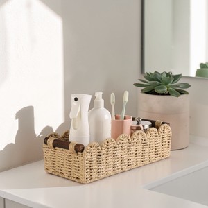 ISLA Handwoven Paper Rope Scalloped Tank Basket with Wooden Handles Wicker Organizer <b>Bin</b> for Bathroom Bedroom Kitchen Wholesale - Product Image 1