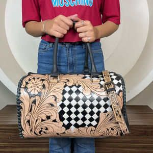 Latest Designer Pattern Handcrafted Genuine Cowhide Leather Speedy Bag Checkered Western Duffel Vintage Travel Bag for Women - Product Image 4