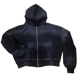 Sweat à capuche personnalisé en strass épais, surdimensionné, avec broderie vieillie, style streetwear - Product Image 1