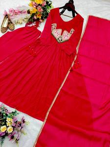 Conjunto de Kurta Tradicional de Algodón para Mujer, Bordado, Largo hasta el Suelo, Corte Holgado, Estilo India Pakistán, Rojo - Product Image 5