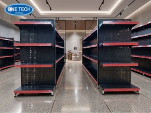 Estantería gondola de 4 niveles, negra, de lujo, de un solo lado, con parte trasera perforada, independiente, vertical, ligera, para supermercado, 50-60 kg - Product Image 2