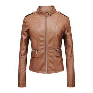 Chaqueta de Motociclista de Cuero Sintético PU Beige para Mujer, Cuello Alto, Manga Larga, Cierre de Cremallera, Color Sólido, Estilo Biker, Ropa de Otoño - Product Image 4