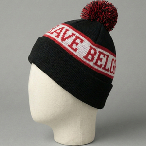 Bonnet noir et rouge avec broderie de lettres, unisexe, adulte, bonnet d'hiver décontracté pour l'extérieur, 100% acrylique, tricoté, avec pompon - Product Image 1