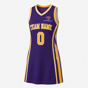 Warpro Industry – Robe de basket-ball pour femmes, violette et jaune, col en V, sans manches, nom et numéro d'équipe personnalisés, impression par sublimation - Product Image 2