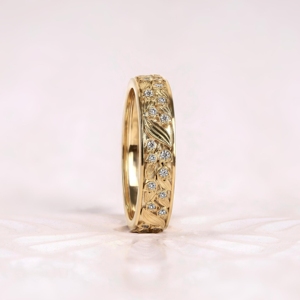Round Moissanite Wedding Band Vintage Floral Gold Leaf Engraved Eternity Band Antique Diamond <b>Stacking</b> <b>Ring</b> Promise Gift - Product Image 4