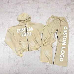 Conjunto de Chándal de Dos Piezas con Cremallera, Bordado, Lavado Ácido, Efecto Desgastado por el Sol, de Alta Calidad, Estilo Oversize Urbano para Invierno - Product Image 3