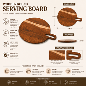 Tabla de cortar redonda hecha a mano de madera de acacia |   Tabla para Servir Queso y Pizza |   100% Ecológico - Product Image 5