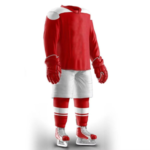 Ensemble uniforme de hockey sur glace rouge et blanc pour homme, manches courtes, col en V, respirant, en coton/fibre de bambou, avec short, chaussettes et patins, personnalisable (OEM) - Product Image 3