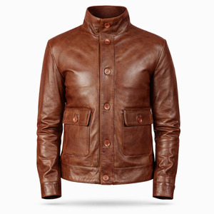 Men's Brown Genuine Leather Jacket Turn-down Collar Zipper Closure Casual Autumn Wear Regular Fit Solid Color Waterproof - Product Image 1