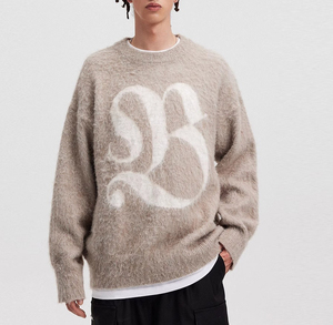 Pull en tricot noir anti-boulochage pour homme avec logo lettre B imprimé en flock blanc sur le devant, cardigan pour l'hiver, matière laine/viscose - Product Image 4
