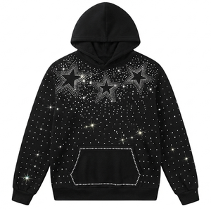 Sweat à capuche personnalisé avec étoiles en strass pour homme, en coton épais, motif diamant scintillant, noir, coupe oversize, style Y2K punk streetwear - Product Image 1