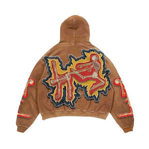 Sudadera con capucha roja vintage lavada para hombre, con gráfico de esqueleto en la manga, estilo oversize, streetwear, tipo pullover - Product Image 6