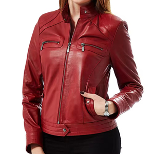 Women's Genuine Leather Moto <b>Jacket</b> Stand Collar Full Sleeve Zipper Closure Autumn Solid Color <b>Biker</b> <b>Jacket</b> - Product Image 1