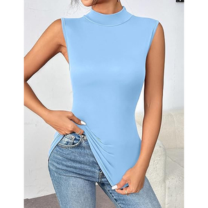 Haut sans manches élégant sur mesure pour femme, col roulé, coupe ajustée, extensible, en Spandex/Polyester, couleur unie, broderie, basique et tendance - Product Image 3