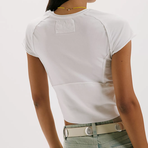 Summer Women's White O-Neck Cap Sleeve Crop Top Slim Fit Minimalist Style Breathable Knitted Solid Color Women Exposed Seam Tees - Product Image 2