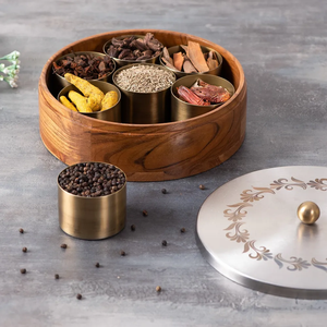 Wood Spice Box Handcrafted Brass Carved Design Herb Container High Quality Wooden <b>Storage</b> For Spices Most Selling - Product Image 6