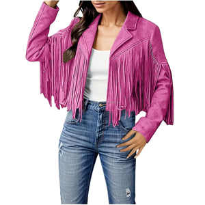 Hot Pink Vintage Suede Leather Fringe Tassel Crop Chaquetas de mujer Boho Western Cowboy Style Manga larga Transpirable Otoño Solapa - Product Image 2