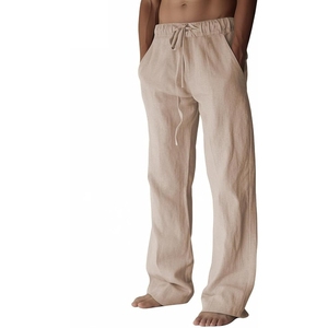 Pantalon large pour homme 100% lin, taille élastique avec cordon de serrage, décontracté, respirant, léger, avec poches latérales - Product Image 1