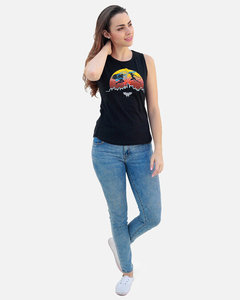Débardeur noir sans manches pour femme avec imprimé coucher de soleil, vêtement décontracté 100 % coton tricoté respirant, design logo avant - Product Image 1