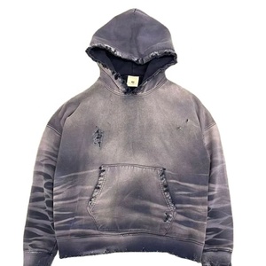 Sunfade Raw Edge Distressed Hoodie Vintage Worn <b>Wash</b> Heavyweight Cotton Oversized Retro Fade Streetcore Rugged Style Pullover - Product Image 1