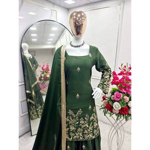 Ensemble de vêtements indiens et pakistanais, haut, sarara et dupatta, avec broderie lourde et travail de séquence - Product Image 4
