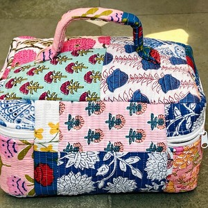Quilted Panelled Cosmetic Bag Medium Size Bohemian Floral Print Zipper Closure Soft Handle Textile Material - Product Image 5