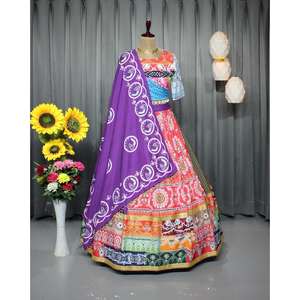 ESPEJO IMPRESO DIGITAL DE SEDA MANTEQUILLA TRADICIONAL TRABAJO LEHENGA CHOLI CON DUPATTA ROJO - Product Image 1