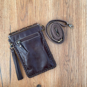 <b>Women's</b> Custom Cowhide Leather Phone <b>Crossbody</b> Purse Multifunctional Travel Hand Tooled <b>Small</b> Mobile Phone <b>Bags</b> Tassel Nylon - Product Image 4