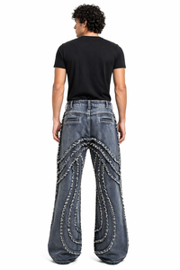 Mens Dark Washed Distressed Denim Jeans Wide Leg Streetwear <b>Pants</b> Heavy Fade Vintage Style Designer Panel Stitch Jeans Grey - Product Image 2