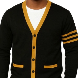 University Fraternities <b>Men</b> <b>Knitted</b> <b>Cardigan</b> Sweater Black Yellow Varsity V-Neck OEM Single Breasted Pockets Casual Autumn Top - Product Image 2