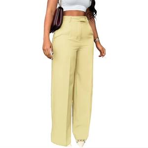 Pantalon de travail décontracté pour femme, coupe droite, taille élastique, en maille extensible avec boutons, matière chiffon, taille XL, haute qualité - Product Image 4