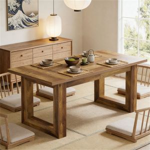 Tavolo da Pranzo Rettangolare con Base Quadrata in Legno Robusto per Cucina, Tavolo da Pranzo Durevole con Base Quadrata - Product Image 4