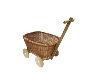 Chariot à jouets pour enfants en rotin naturel tissé à la main avec poignée en bois et quatre roues, chariot de rangement en osier fait main pour enfant, crèche - Product Image 1