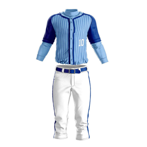 New Design Baseball Uniform Set <b>Light</b> Blue Striped Jersey White Pants Full Sleeve Button Closure Breathable Polyester Sportwear - Product Image 1