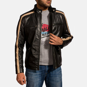 <b>Men</b> Black Genuine Leather Moto <b>Jacket</b> Stand Collar Color Blocking Zipper Closure Slim Fit Autumn Wear - Product Image 2