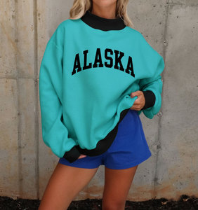 Sweat-shirt à col montant imprimé bicolore personnalisé de haute qualité pour femme, en maille 100 % coton molletonné respirant, collection automne-hiver - Product Image 3