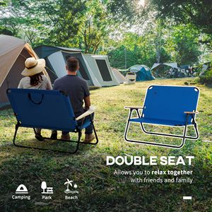 Sedia da campeggio pieghevole per 2 persone con braccioli in legno e portabicchieri, portatile, blu - Product Image 4