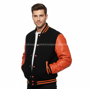 Wholesale Custom Men's Wool Black Orange Casual Varsity <b>Jacket</b> Stand Collar Logo Embroidery High Quality <b>Winter</b> <b>Leather</b> <b>Jacket</b> - Product Image 6