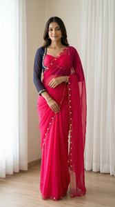 Bordure de sari moderne en faux georgette avec broderie artisanale pour fêtes, mariages, Diwali et bals de promo - Product Image 4
