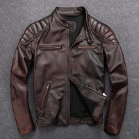 Blouson de moto homme en cuir véritable et toile, col montant, fermeture éclair, imperméable, respirant, coupe-vent, ajusté, hiver
