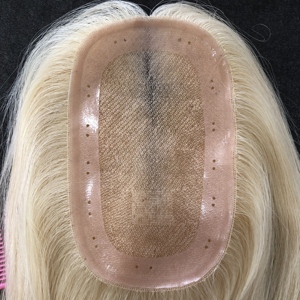 Topper capillaire Platinum Cool Mono en cheveux humains vierges européens, avec <span class=keywords><strong>filet</strong></span> en dentelle mono et clips, avec trous, pour femmes souffrant de perte de cheveux - Product Image 1