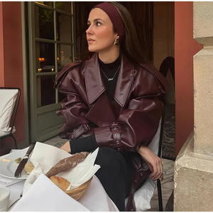 Fashion Women Leather <b>Jacket</b> Oversized Loose Fit PU Coat <b>Ladies</b> Wine Red Biker Outerwear Streetwear Top - Product Image 6