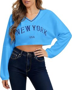 Sweat-shirt court à capuche pour femme, broderie graphique, hiver, col en V, coupe ample, manches longues, logo frontal - Product Image 1