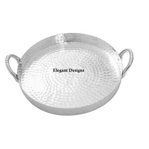 Plateau de service de luxe en aluminium, plateau de Table traditionnel de styliste fait à la main, de forme ronde martelée, vente en gros - Product Image 1