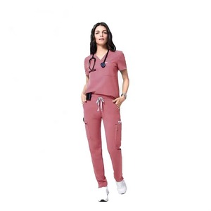 Blusa Médica Rosa para Mujer, Cuello en V, Manga Corta, con Bolsillos, Uniforme de Hospital, Mezcla de Algodón y Poliéster - Product Image 1
